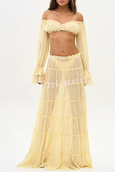 Gentle Sunshine Off Shoulder Long Bell Sleeve Crop Top and Elastic Waist Layered Cover-up Maxi Skirt Set