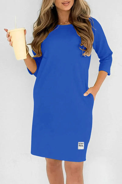 Solid Color Round Neck Long Sleeve Loose Casual Mini Dress