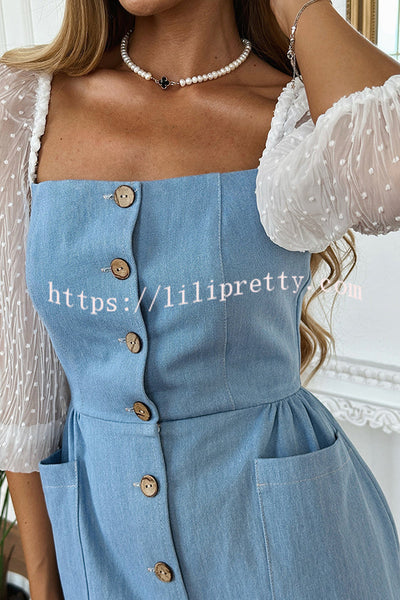Briena Denim Square Neck Polka Dot Puff Sleeve Button Pocket Midi Dress