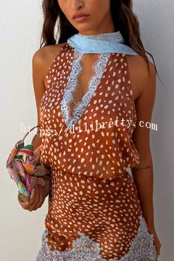 Stunning Fawn Print Contrast Color Satin Lace Trim Neck Strap Loose Tank