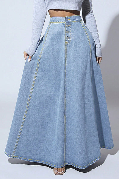 Fashion Metal Single-Breasted Casual Denim Maxi Skirt