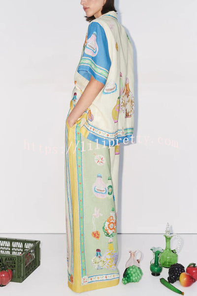 Creating Memories Linen Blend Unique Print Elastic Waist Pocket Wide Leg Pants