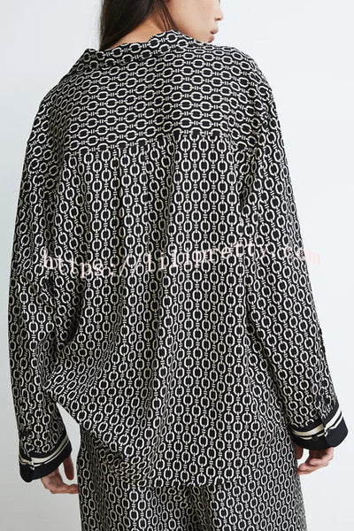 Unique Print Lapel Long Sleeve Loose Shirt and Elastic Waist Casual Pocket Wide Leg Pants Set