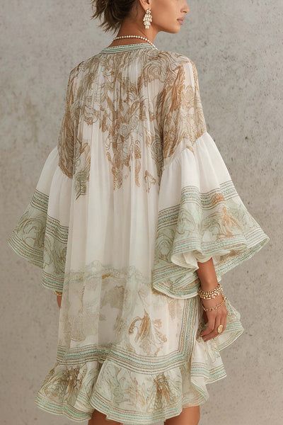 Mini Dress with Flared Sleeves and Printed Ruffles