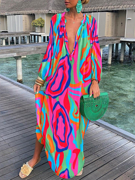 Fashion Painting Print V-neck Colorful Single-row Multi-button Button Loose Long-sleeved Long Oversized Hem Dress Dress Women