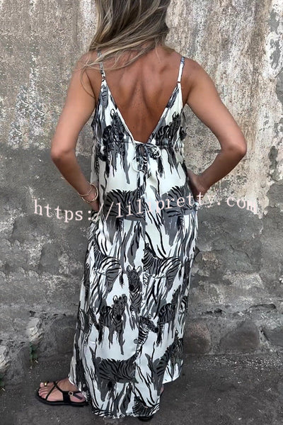 Zebra Print Suspender Pocket Loose Backless Maxi Dress