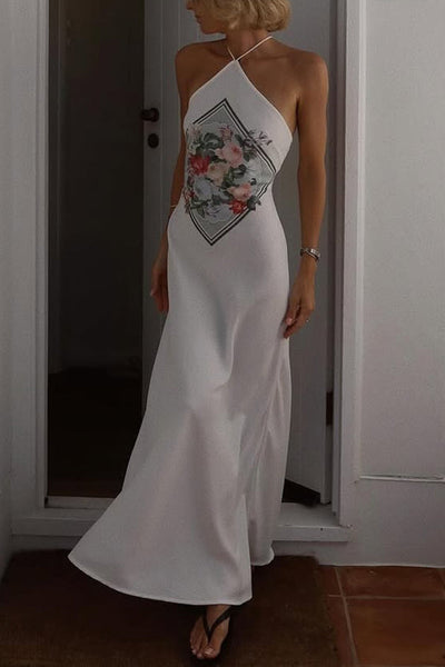 Plant Print Halterneck Sexy Lace-up Backless Slim Maxi Dress