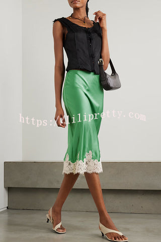 Celebration Look Contrast Color Satin Lace Trim Elastic Waist Drape Midi Skirt