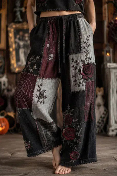 Halloween Dark-themed Printed Wide-Leg Pants
