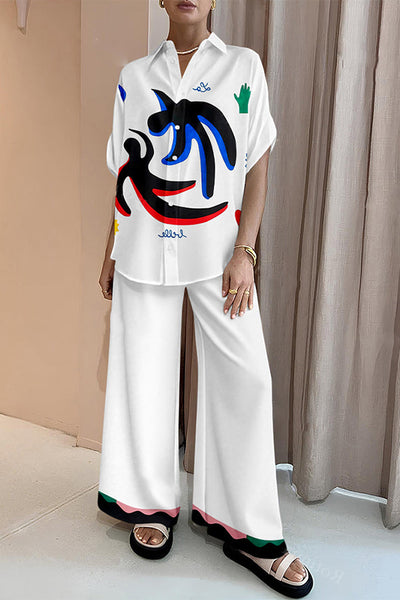 Dancing People Print Oversized Blouse and Elastic Waist Pocketed Pants Set
