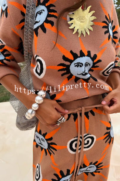 Mediterranean Art Knit Unique Sun Vortex Print Elastic Waist Wide Leg Pants