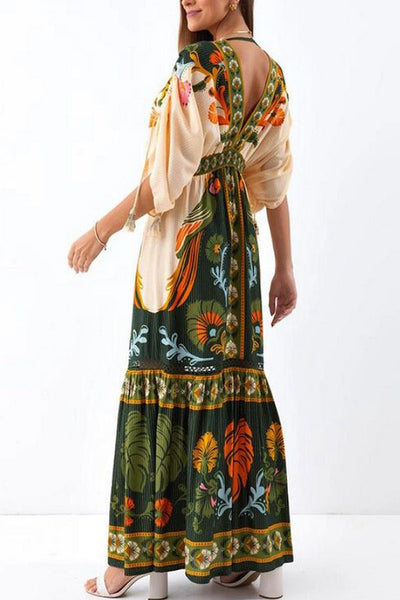 Ethnic Retro Plant Print V-neck High Waist Maxi Dress