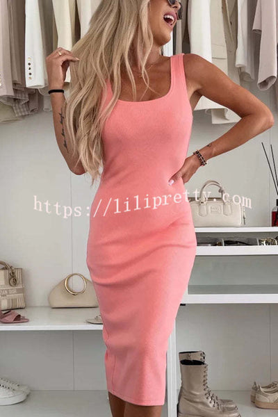 Comfort and Femininity Knit Ribbed Tank Slit Stretch Midi Dress