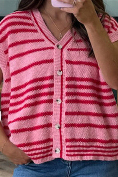 Stylish Striped Loose Sleeveless Button-down Knit Cardigan