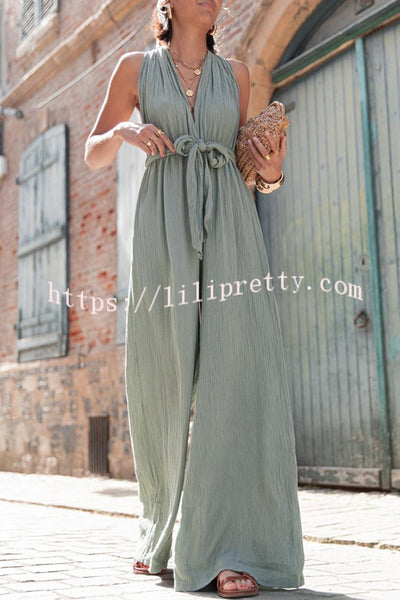 Up To You Linen Blend Elastic Waist Straps Loose Jumpsuit