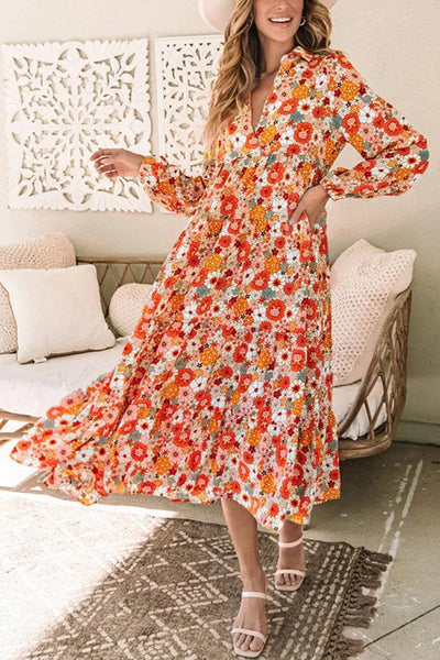 Bohemian Floral Print Loose Casual Long Sleeve Midi Dress