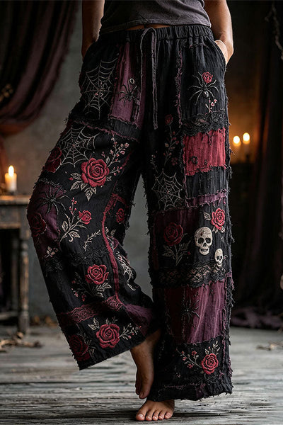 Halloween Dark-themed Printed Wide-Leg Pants