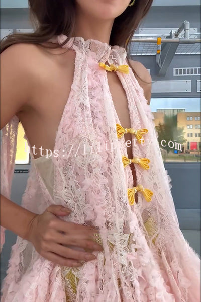 Cheongsam Style Lace Stand Neck Knots Button Ruffle Flare Hem Top