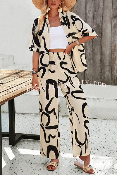 Irregular Printed Button Pocket Long Sleeved Shirt and Elastic Waist Pants Set