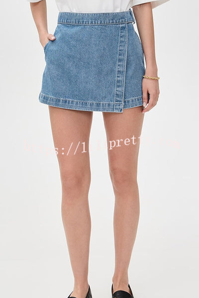 Fall for That Denim Faux Wrap Buckle Tie Pocketed Mini Shorts