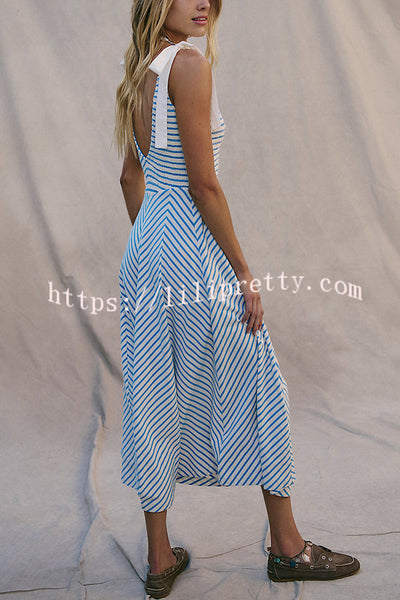 Striped Print V-Neck Lace-Up Backless Holiday Midi Dress