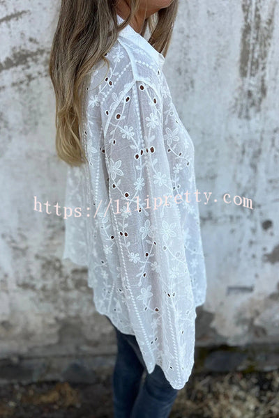 Embroidered Plant Long Sleeve Lapel Hollow Casual Shirt
