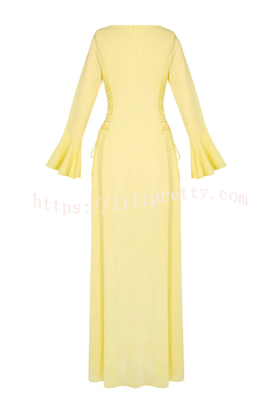 Fashionable Beaded Long-sleeved Square-neck Fitted Waist Tie Maxi Dress