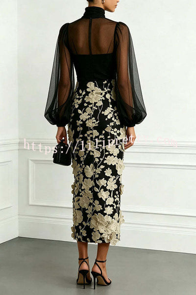 Tanie Tulle High Neck Long Lantern Sleeve 3D Floral Appliqués Hem Midi Dress