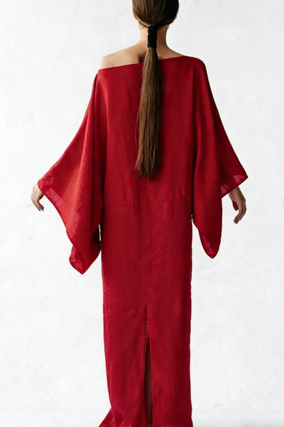 Stacie Linen Blend Wide Neck Batwing Sleeves Tie-up Waist H-line Maxi Dress