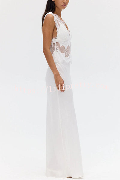 Effortless Elegance Satin Sheer Lace Patchwork V-neck Drape Maxi Dress