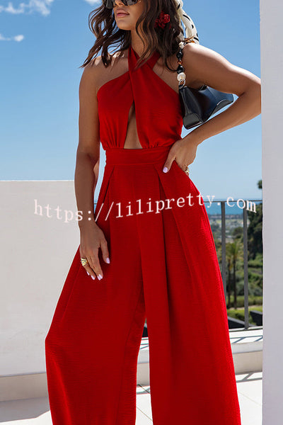 Easy Mode Cross-neck Halter Strap Backless Wide Leg Jumpsuit