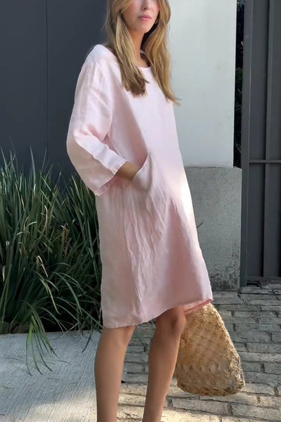 Linen Blend Solid Loose Casual Pocket Mini Dress