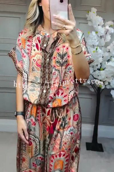 Unique Printed Loose Short-sleeved Top and Elastic Waist Casual Wide-leg Pants Set