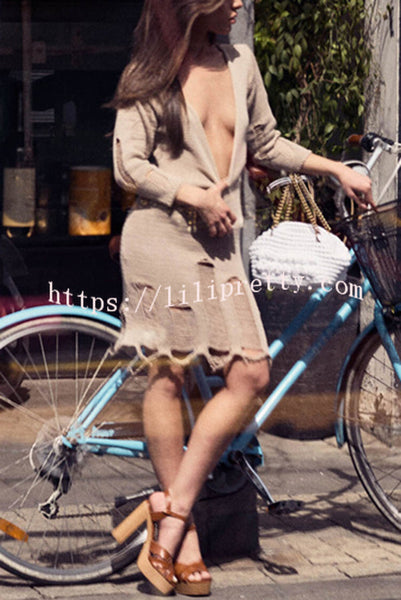 Solid Color V-neck Long Sleeve Slim Fit Raw Edge Knitted Mini Dress