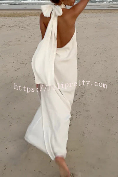 Floral Embellished Satin Halterneck Backless Resort Maxi Dress