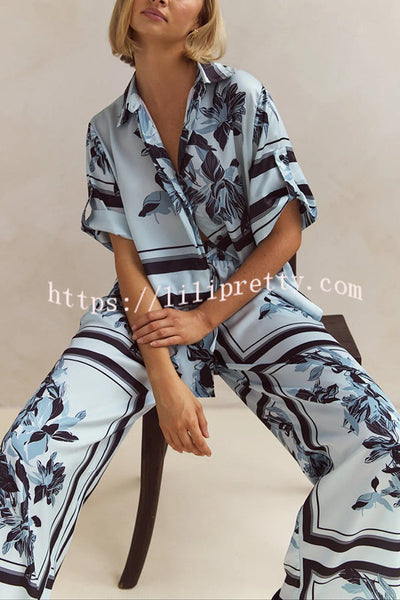 Fashionable Plant Print Loose Lapel Short Sleeve Shirt and Casual Elastic Waist Pocket Pants Set