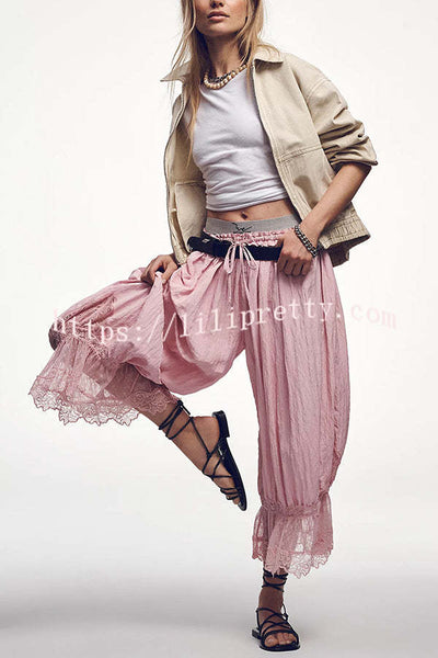 Pastoral Style Elastic Waist Lace Hem Bloomer Pants