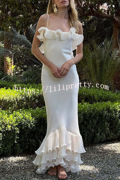 Alisin Pleated Chiffon Wavy Ruffles Trim Slip Maxi Dress