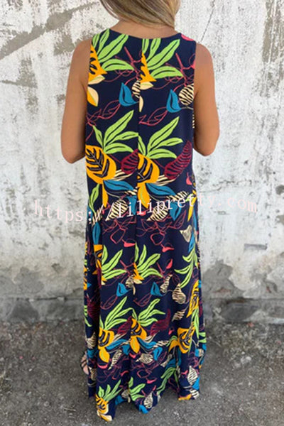 Botanical Print V-Neck Pocket Loose Casual Maxi Dress