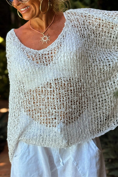 Solid Color Loose-fitting Openwork Casual Knitted Cover-up Top