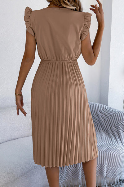 Solid Color V-neck Lace-trimmed Sleeveless Casual Pleated Midi Dress