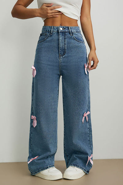 Fashion Bow Embellished High-Rise Casual Pocket Straight Jeans