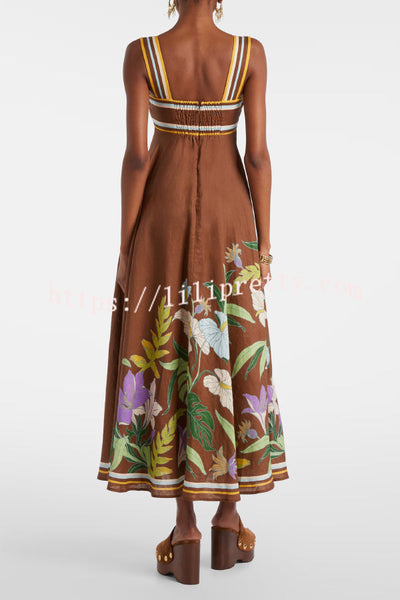 Brown Floral Linen Midi Dress