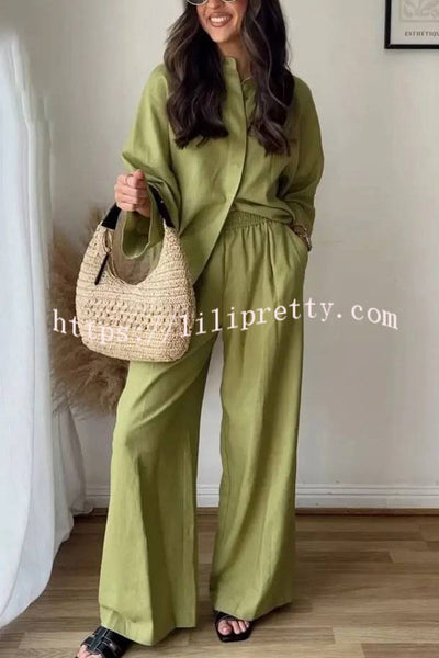 Solid Color Loose Casual Shirt and Elastic Waist Pocket Wide Leg Pants Set
