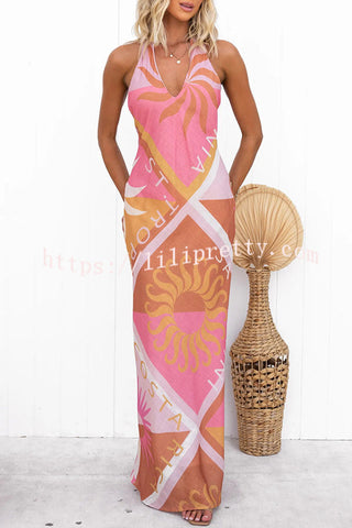 Best Vacation Linen Blend Unique Print Halter Maxi Dress
