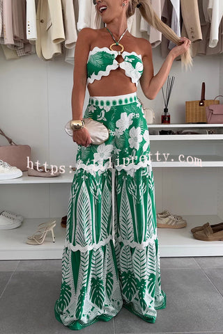 Cassie Ric Rac Trims Unique Print Halter Ring Tank and High Rise Wide Leg Pants Set