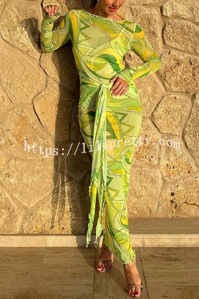 Nessie Mesh Unique Print Tie-up Waist Long Sleeve Stretch See-Through Maxi Dress