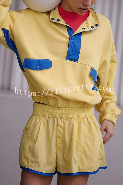 Fashion Contrast Color Stitching Stand Collar Long Sleeve Top and Elastic Waist Loose Pocket Shorts Set