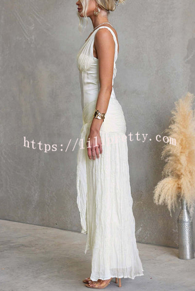 Zariyah Satin Bodice Asymmetric Neck Tie-up Waist Chiffon Hem Maxi Dress