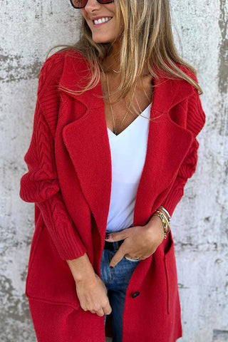 Solid Color Knitted Cable Knit Long Sleeve Loose Pocket Long Coat